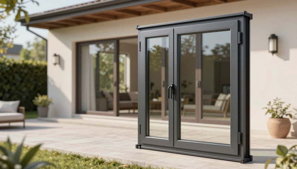 A high-quality image of premium PVC windows, showcasing modern and elegant designs by BPS Termopane Iași. In the foreground, a pair of meticulously crafted windows with sleek, insulated frames and energy-efficient glass. The middle ground features a visually appealing patio scene where the windows seamlessly integrate with the surrounding architecture, reflecting durability and sophistication. The background includes a soft focus of a sunlit garden, enhancing the overall sense of comfort. Natural lighting casts gentle shadows, emphasizing the textures of the window frames. The camera angle is slightly elevated, providing a dynamic perspective. The atmosphere is tranquil and inviting, showcasing the idea of quality materials and craftsmanship, ideal for an article discussing window durability.