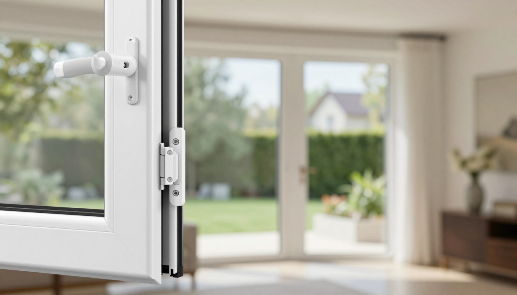 A modern and stylish PVC window system showcasing "BPS Termopane Iași" with advanced hardware for safety and comfort. The foreground features a close-up of a sleek, double-glazed white PVC window with a polished finish, highlighting its secure locking mechanism. In the middle ground, the window is set against a contemporary home interior with elegant decor, soft natural light filtering through the glass. The background showcases a serene outdoor view with lush greenery, which complements the tranquility conveyed by the window's design. The image has bright but soft lighting, emphasizing the durability and modernity of the PVC material, evoking a sense of security and comfort. The composition is clean and professional, ideal for showcasing advanced solutions in PVC joinery.