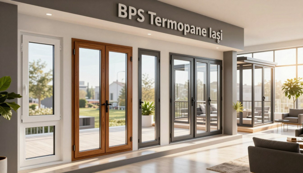 A modern, stylish showroom showcasing PVC and aluminum windows and doors from "BPS Termopane Iași". In the foreground, there are pristine PVC windows with a variety of designs, showcasing different finishes such as white and wood grain. Subtly featured are sleek aluminum doors with large glass panels, reflecting natural light. The middle ground has a well-lit section displaying terrace closures and balcony enclosures, elegantly arranged to highlight their functionality and aesthetic appeal. In the background, a bright, inviting atmosphere with potted plants and contemporary furniture to signify comfort and modern living. The lighting is soft and warm, with sunlight streaming through the windows, creating a welcoming ambiance. The overall mood is professional and inviting, emphasizing quality and craftsmanship in home improvements.