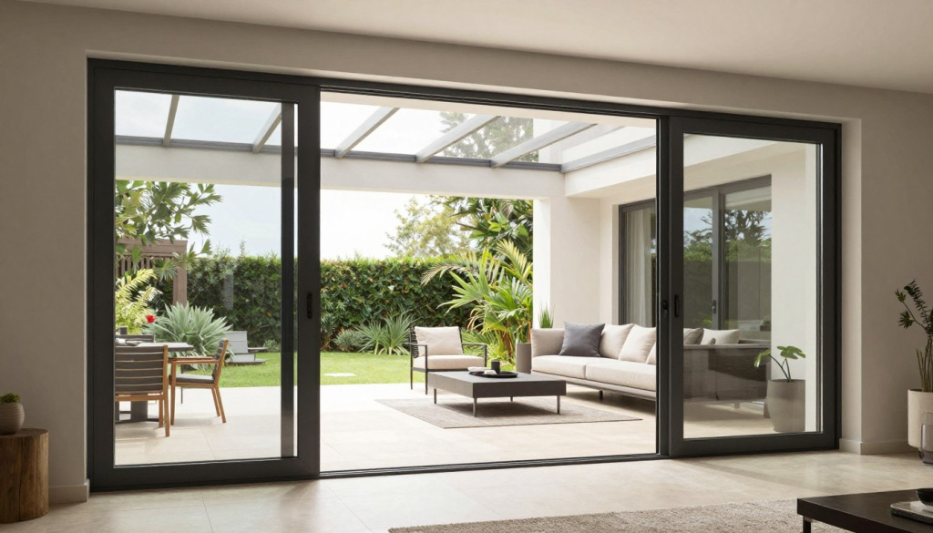 Imagine a modern, stylish living space showcasing a set of elegant PVC sliding doors designed by BPS Termopane Iași. In the foreground, the doors are partially open, revealing a seamless transition between the indoor and outdoor areas. The middle ground features a spacious patio with contemporary outdoor furniture, surrounded by greenery, emphasizing the inviting atmosphere. In the background, soft natural light streams in from a landscaped garden, enhancing the feeling of openness and comfort. The overall mood is bright and airy, exuding a sense of modernity and sophistication. The image is captured from a low angle, emphasizing the sleek lines of the doors and their flawless integration into the contemporary architecture.