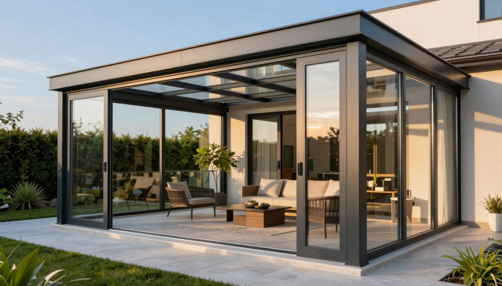 Modern outdoor terrace and balcony enclosed with PVC and aluminum frames, showcasing a sleek, stylish design. The foreground features elegant sliding doors and large windows, emphasizing functionality and light. In the middle ground, lush greenery and tasteful outdoor furniture enhance the space, creating an inviting atmosphere for relaxation. The background reveals a clear blue sky, providing natural light that reflects off the glass surfaces, creating a bright and airy ambiance. The scene conveys a sense of comfort and expanded living space, perfect for enjoying the outdoors. Capture this professional installation by "BPS Termopane Iași", featuring high-quality materials. The lighting should be warm and inviting, simulating early evening light, with a focus on architectural elegance and modern living.